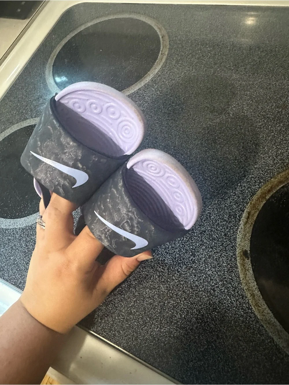 Nike Kids' Slide Sandals in Dark Gray and Light Lavender
